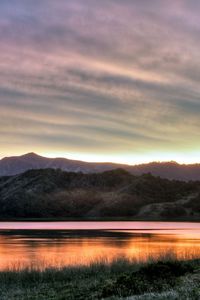 Preview wallpaper mountains, horizon, sky, water smooth surface, sunlight, lines