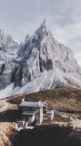 Preview wallpaper mountains, house, building, rocks, peak