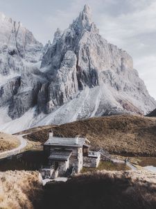 Preview wallpaper mountains, house, building, rocks, peak