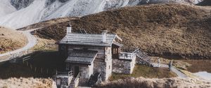 Preview wallpaper mountains, house, building, rocks, peak