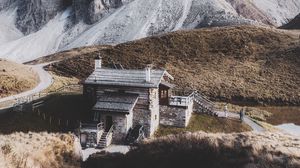 Preview wallpaper mountains, house, building, rocks, peak