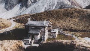 Preview wallpaper mountains, house, building, rocks, peak