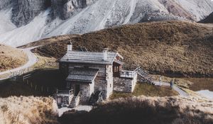 Preview wallpaper mountains, house, building, rocks, peak