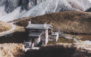 Preview wallpaper mountains, house, building, rocks, peak