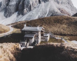 Preview wallpaper mountains, house, building, rocks, peak