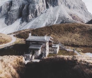 Preview wallpaper mountains, house, building, rocks, peak