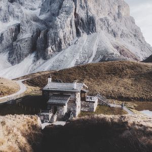 Preview wallpaper mountains, house, building, rocks, peak