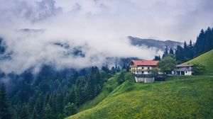 Preview wallpaper mountains, house, clouds, nature, landscape