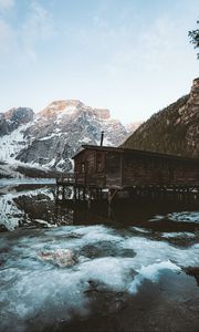 Preview wallpaper mountains, house, coast, lake, ice, landscape