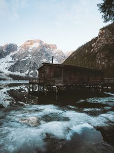 Preview wallpaper mountains, house, coast, lake, ice, landscape