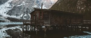 Preview wallpaper mountains, house, coast, lake, ice, landscape