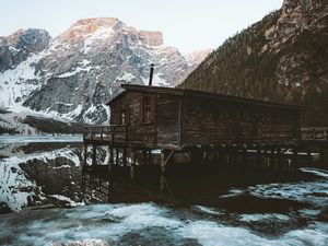 Preview wallpaper mountains, house, coast, lake, ice, landscape