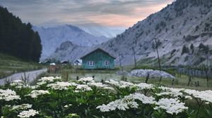 Preview wallpaper mountains, house, flowers, landscape, summer