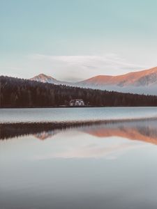 Preview wallpaper mountains, house, lake, reflection
