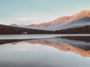 Preview wallpaper mountains, house, lake, reflection