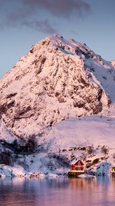 Preview wallpaper mountains, house, snow, sea, coast