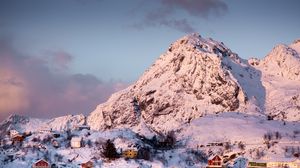 Preview wallpaper mountains, house, snow, sea, coast