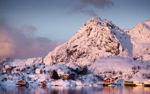 Preview wallpaper mountains, house, snow, sea, coast