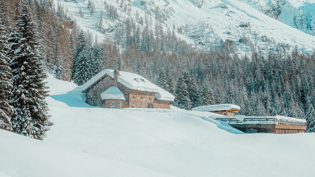 Wallpaper mountains, house, snow, winter, trees, landscape