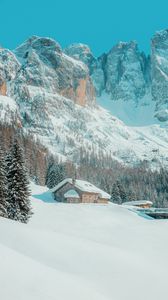 Preview wallpaper mountains, house, snow, winter, trees, landscape