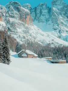 Preview wallpaper mountains, house, snow, winter, trees, landscape