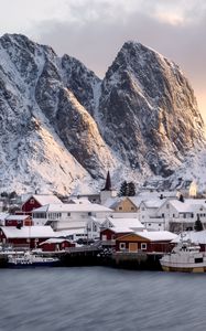 Preview wallpaper mountains, houses, boats, lake, snow, winter