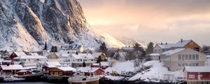 Preview wallpaper mountains, houses, boats, lake, snow, winter