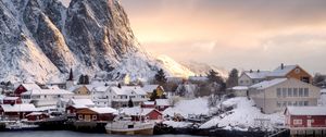 Preview wallpaper mountains, houses, boats, lake, snow, winter