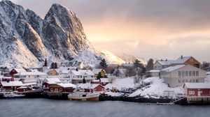 Preview wallpaper mountains, houses, boats, lake, snow, winter