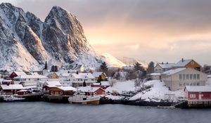 Preview wallpaper mountains, houses, boats, lake, snow, winter