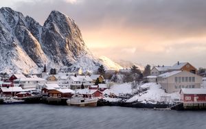 Preview wallpaper mountains, houses, boats, lake, snow, winter