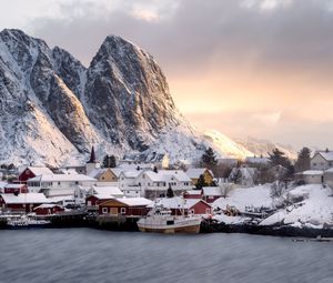 Preview wallpaper mountains, houses, boats, lake, snow, winter