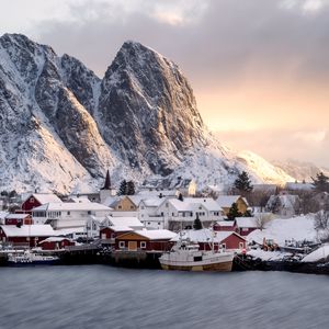 Preview wallpaper mountains, houses, boats, lake, snow, winter