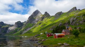 Preview wallpaper mountains, houses, river, coast