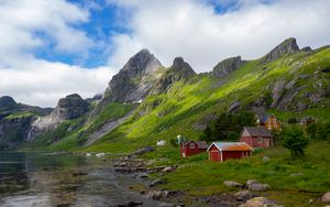 Preview wallpaper mountains, houses, river, coast