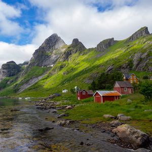 Preview wallpaper mountains, houses, river, coast
