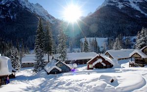 Preview wallpaper mountains, houses, snow, winter, beautiful