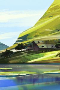 Preview wallpaper mountains, houses, trees, lake, landscape, art