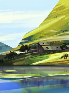 Preview wallpaper mountains, houses, trees, lake, landscape, art