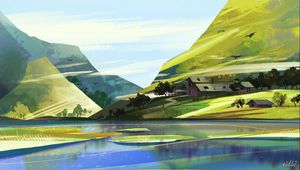 Preview wallpaper mountains, houses, trees, lake, landscape, art
