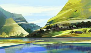 Preview wallpaper mountains, houses, trees, lake, landscape, art