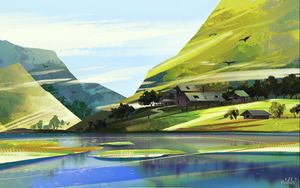 Preview wallpaper mountains, houses, trees, lake, landscape, art