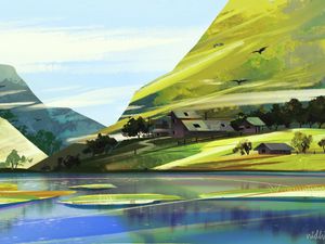Preview wallpaper mountains, houses, trees, lake, landscape, art