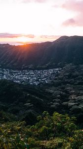 Preview wallpaper mountains, houses, valley, sunrise