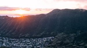 Preview wallpaper mountains, houses, valley, sunrise