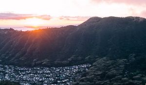 Preview wallpaper mountains, houses, valley, sunrise