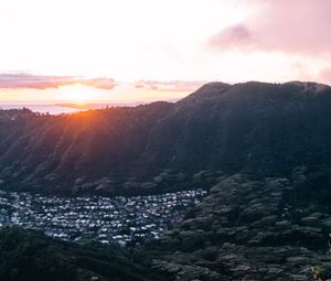 Preview wallpaper mountains, houses, valley, sunrise