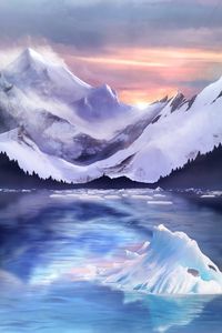 Preview wallpaper mountains, ice, ice floes, fog