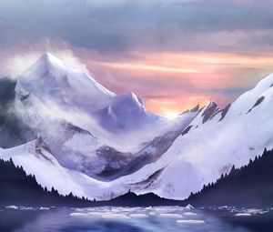 Preview wallpaper mountains, ice, ice floes, fog