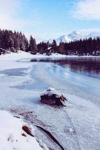 Preview wallpaper mountains, ice, snow, winter, house, trees